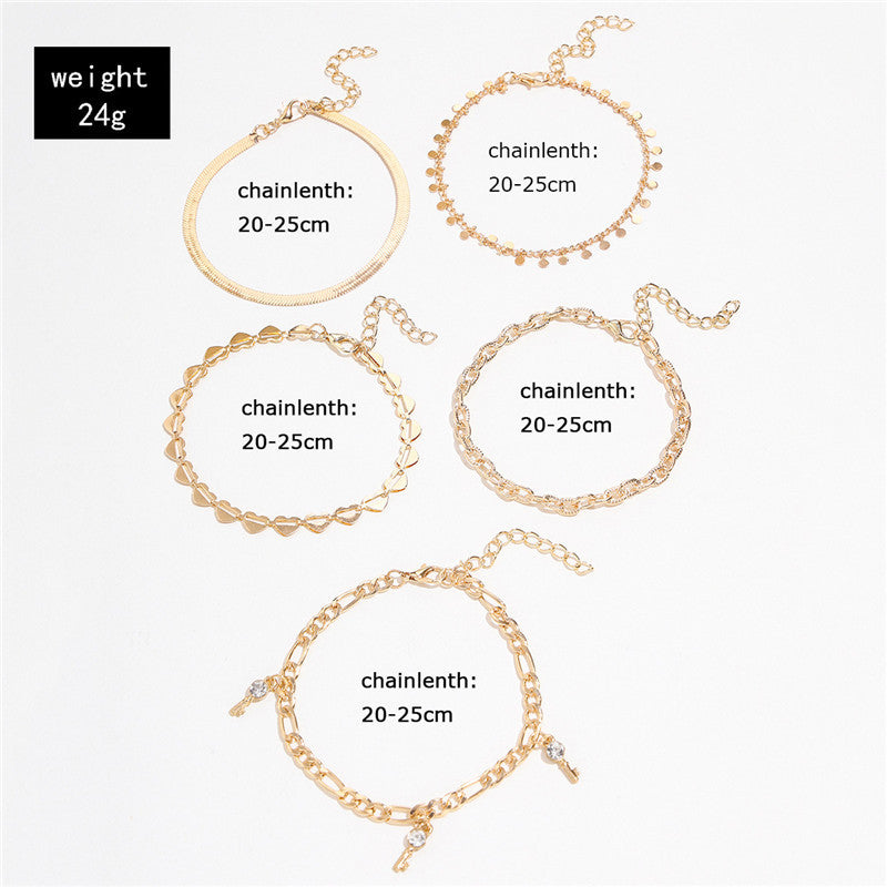 5 Pcs Women Fashion Gold Color Heart Crystal Key Anklets