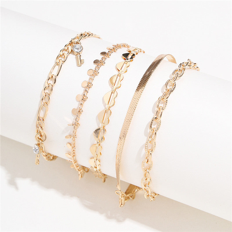 5 Pcs Women Fashion Gold Color Heart Crystal Key Anklets