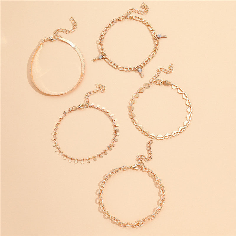 5 Pcs Women Fashion Gold Color Heart Crystal Key Anklets