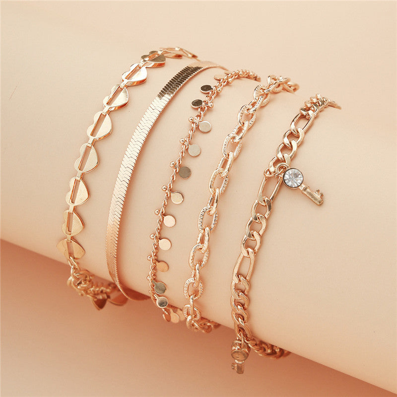 5 Pcs Women Fashion Gold Color Heart Crystal Key Anklets