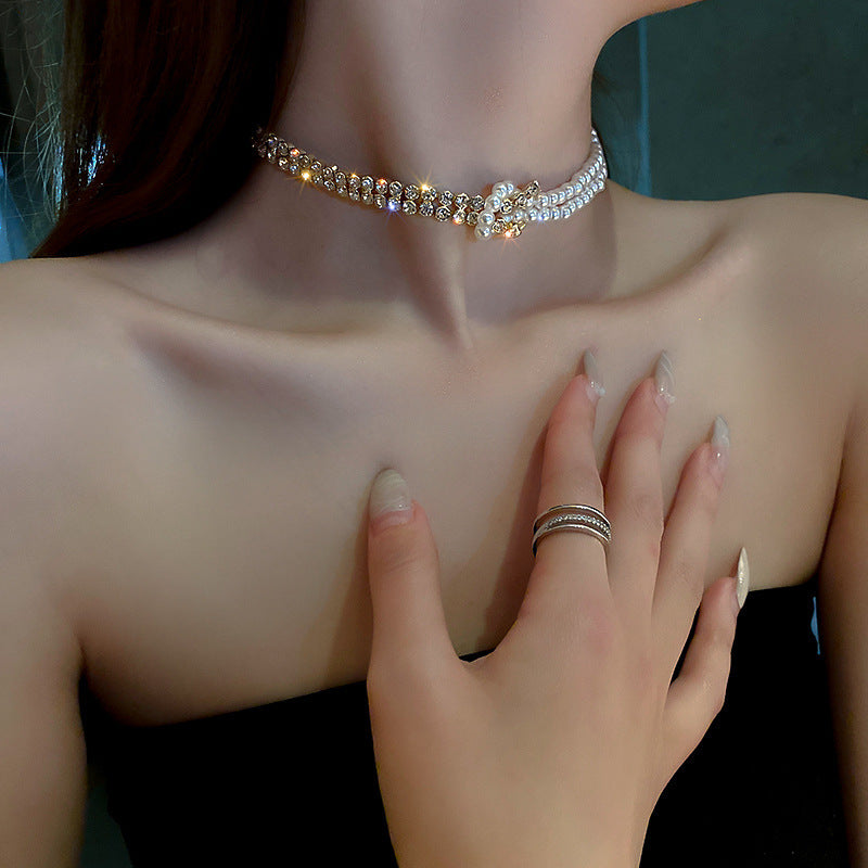 Pearl Crystal Choker Necklaces For Women Short Chain Rhinestone