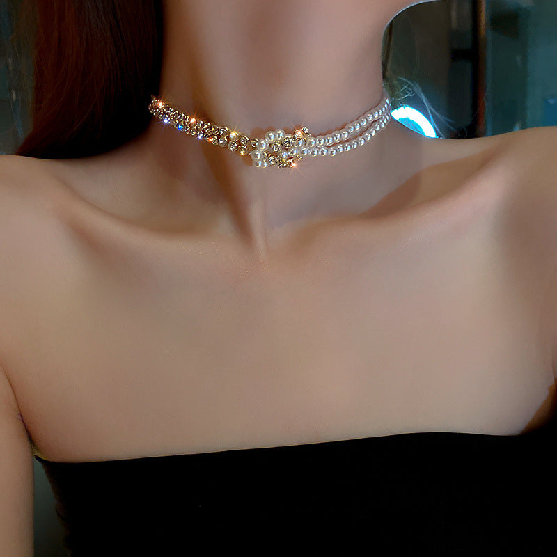Pearl Crystal Choker Necklaces For Women Short Chain Rhinestone