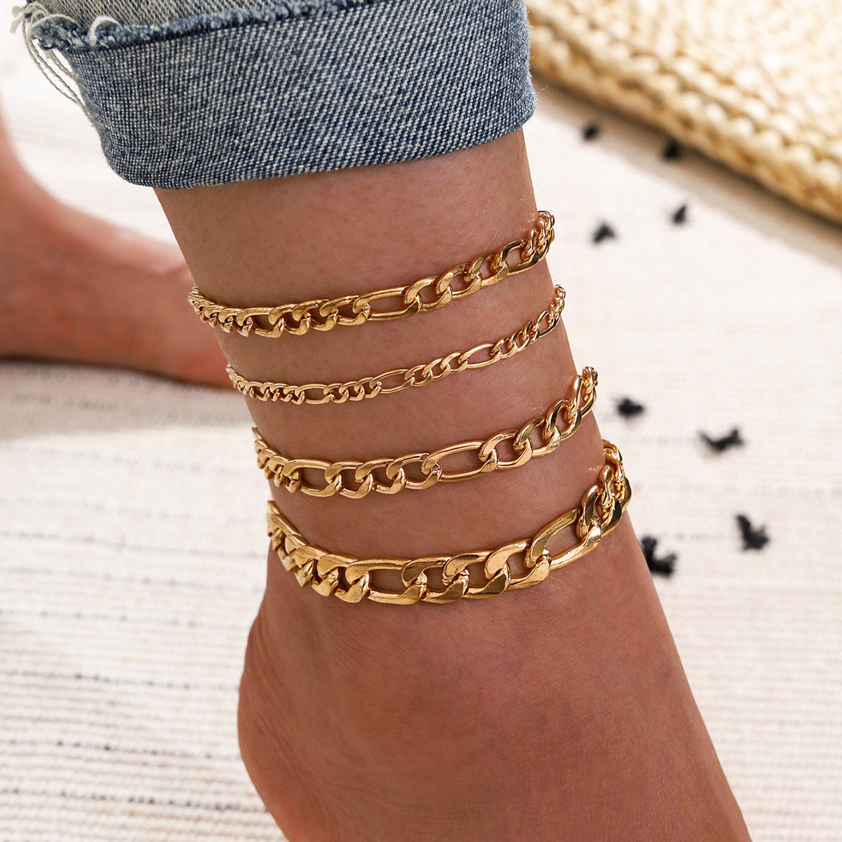 5 Pcs Women Fashion Gold Color Heart Crystal Key Anklets